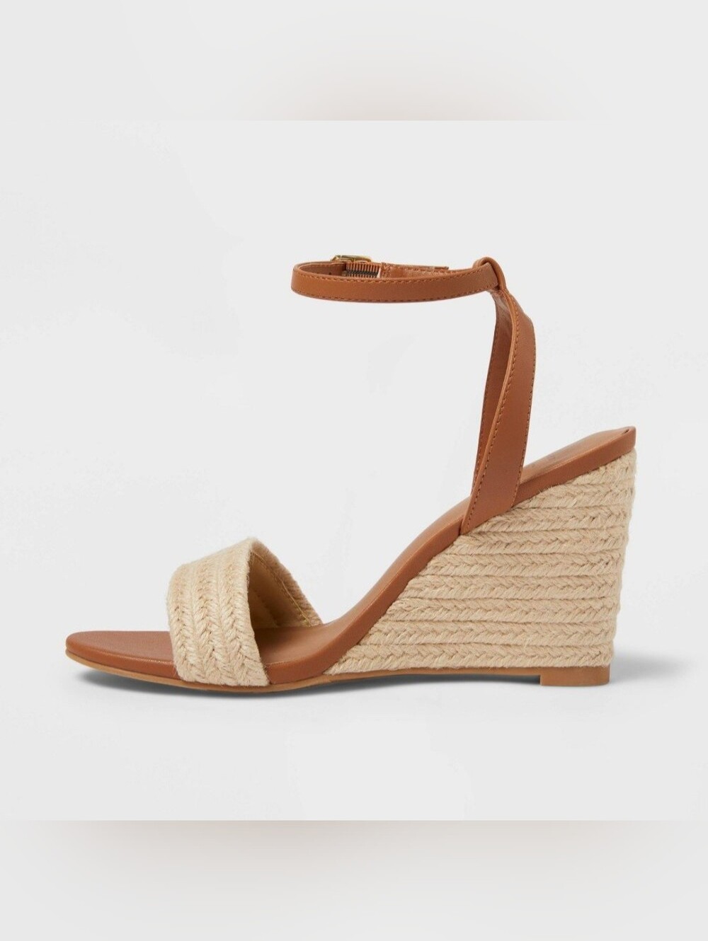 NWT Tan Natural Ankle Strap Espadrille Wedge Sandals Brown Heels Faux Leather 9 - Picture 4 of 17